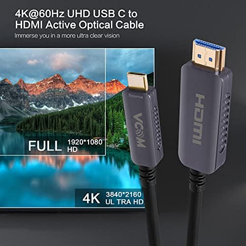 Оптичен кабел VCOM USB-C-HDMI за домашно кино, поддръжка на 18 Gbit/с 4K @ 60Hz HDR Thunderbolt 3/4, тънък Гъвкав кабел, съвместим с MacBook Pro/Air, Surface Book, iPad Pro, Samsung Galaxy S9 (50 фута)