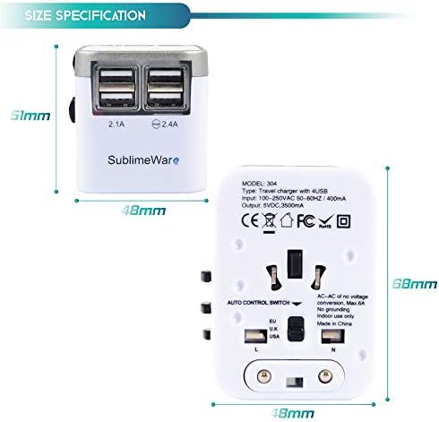 Захранващ Адаптер (бял) - Стенно зарядно с 4 USB порта, Адаптер бързо зареждане за 150 държави - Многопортовая електрически щепсел Тип C, Тип А, Тип G, Тип I, f за Великобрита