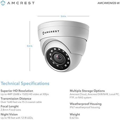 Куполна Външна камера за сигурност Amcrest AMC4MDM28-W UltraHD 1520P 2688TVL