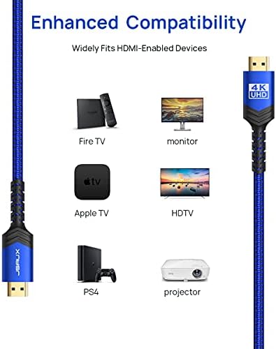 Кабел JSAUX 4K, HDMI, 2 Комплекта 6 фута, 18 Gbit/s, високоскоростен HDMI Кабел 2.0 в оплетке, 4K 60Hz HDR, 2K 1440P 144Hz, 1080p, HDCP 2.2, 3D, ARC, Ethernet, който е Съвместим за монитор Smart TV на PC PS5 PS4 Blu-ray