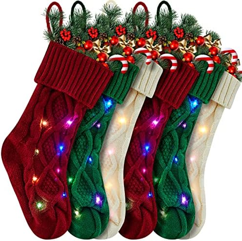 Jecery, 6 x Led коледни Трикотажни Чорапи, 18Чорапи едра плетени, с led подсветка за Коледни подаръци, Украса (Червен, зелен, бял), Един Размер